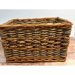 Rectangular Woven Seagrass & Wicker Storage Basket With Rope Accent Decorative O